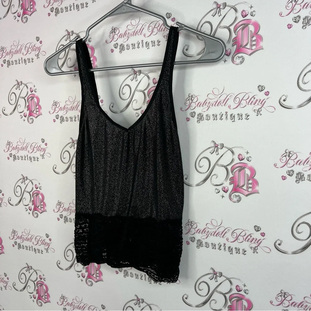 Rampage tank top sparkly lace hem bottom Lacie floral glitter Black Top - Picture 3 of 8